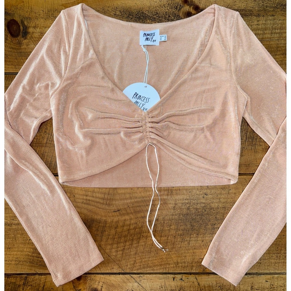 NWT‎ Princess Polly Womens Lucille Long Sleeve Top Beige Cropped Size 12
